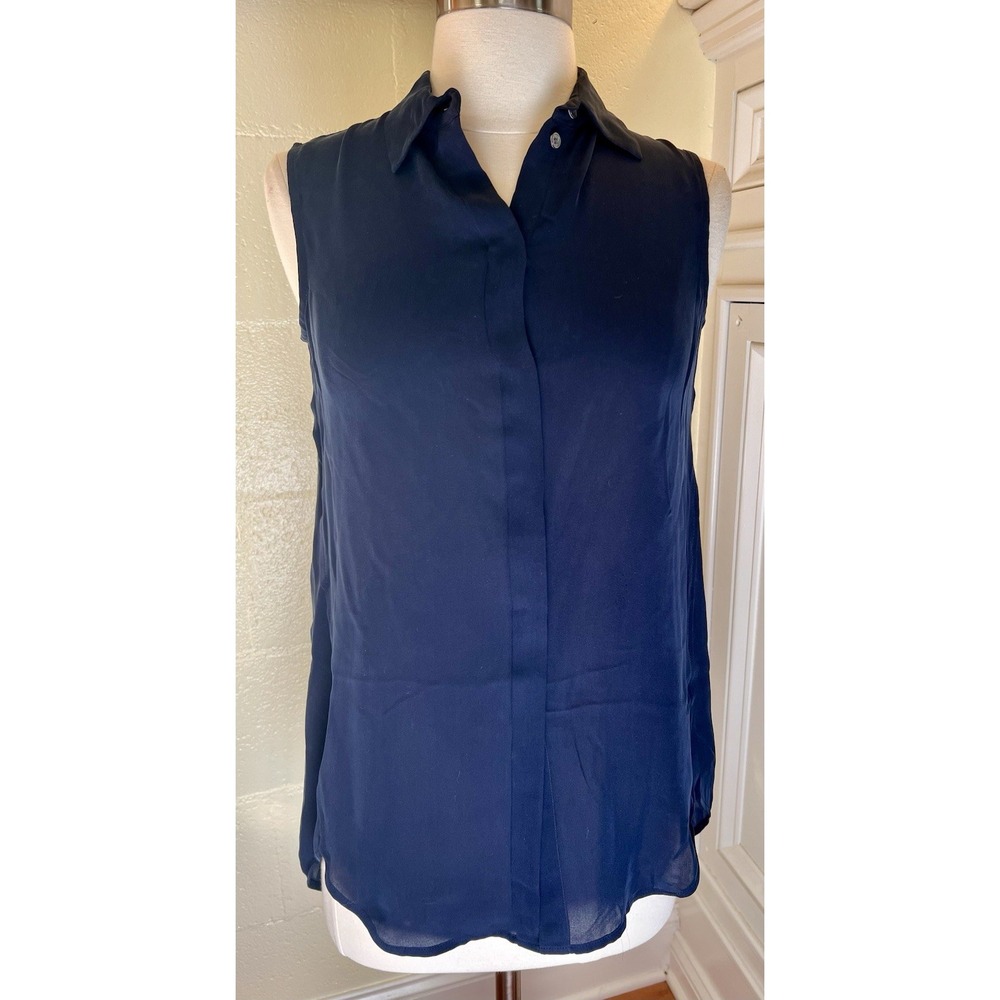 NWT J CREW 00P Blouse SILK‎ SLEEVELESS Navy Sleeveless Shirt Concealed Buttons